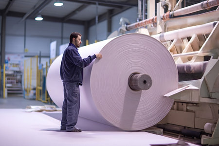 Factory worker inspects and adjusts a freshly produced large industrial paper roll on a machine...