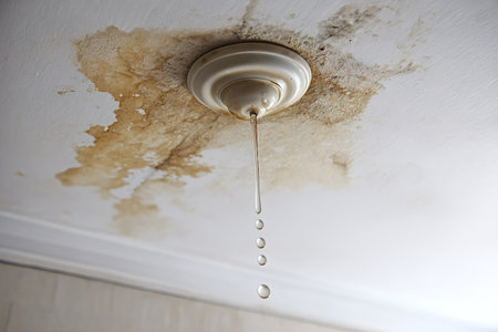 Ceiling showing severe water damage from a leak, with brown stains and water drops falling, highlighting home repair, plumbing issues, and potential mold growth needing urgent attentionの写真素材