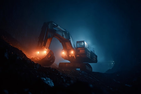 Heavy equipment excavator operating in a dark coal mine environment, digging and moving material under artificial orange and blue lights, representing industrial work and resource extractionの写真素材