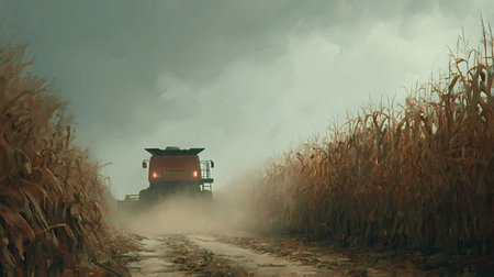 Combine harvester moving through a field of dry cornstalks, kicking up dust during the autumn harvest, depicting agricultural machinery working on a farm under a cloudy skyの写真素材