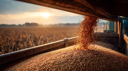 Combine harvester delivering harvested crops, appearing as small brown seeds, into a truck trailer under a warm, glowing sunset, emphasizing agricultural abundance and food productionの写真素材