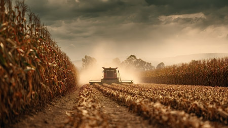 Combine harvester moving through a dry cornfield, creating dust clouds under a dramatic sky,...