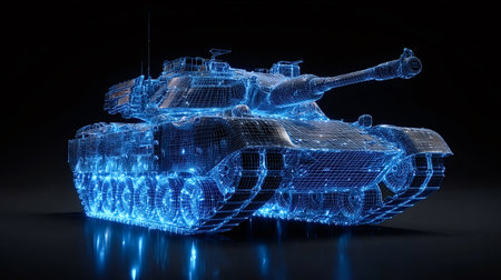 Military tank wireframe design glowing blue against a dark background, representing advanced defense technology, virtual prototyping, and digital innovation in warfare equipment developmentの写真素材