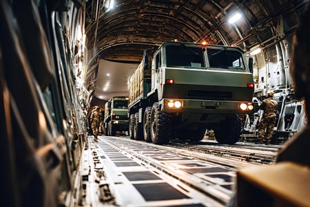 Military personnel loading supply trucks and tactical vehicles onto a large cargo aircraft, preparing for deployment and transportation during a defense operationの写真素材
