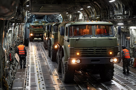 Military personnel loading a line of camouflage cargo trucks into the spacious interior of a strategic transport aircraft, preparing for military deployment and logisticsの写真素材