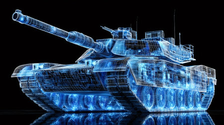 Armored tank rendering as a glowing blue digital wireframe blueprint, representing military...