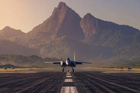 F 15 eagle fighter jet aircraft standing ready on an airport runway against a dramatic mountain backdrop as warm morning sunlight illuminates the scene, conveying readiness and aviation powerの写真素材