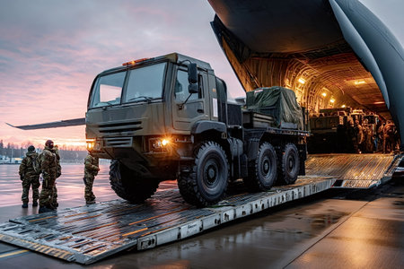 Military personnel loading a heavy duty tactical truck and other vehicles into a large cargo...