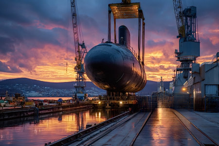 Military submarine moving into the dry dock with large gantry cranes, reflecting the vibrant sunset sky on the water and the vessel's hull in an industrial settingの写真素材