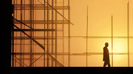Industrial construction worker silhouette walking with hardhat and scaffolding against a warm glowing sky, depicting labor and progress at a building siteの写真素材