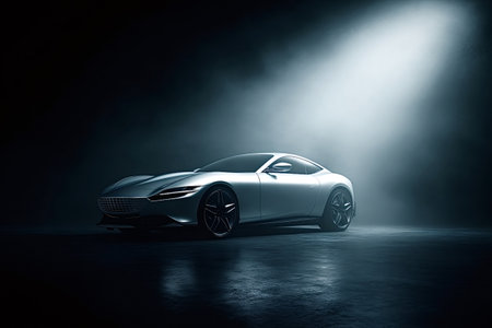 Sleek silver luxury sports coupe parked on a reflective wet floor, dramatic cinematic spotlight...