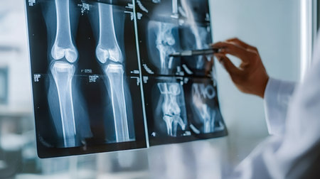 Medical professional analyzing several x ray images, using a pen to point at a knee joint,...