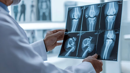 Doctor in white lab coat reviewing knee and leg x ray films, analyzing bone and joint structures for orthopedic diagnosis, treatment planning, and patient consultationの写真素材
