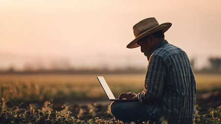 Farmer squatting in a field, utilizing a laptop to research and manage data for smart farming and...