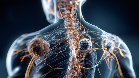 Human body presenting a detailed view of its lymphatic system, showing swollen lymph nodes and vessels, representing conditions like cancer or infectionの写真素材