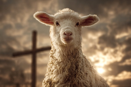 Lamb of god symbolizing sacrifice and redemption, standing with a blurred Christian cross visible...