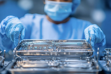 Medical professional in blue scrubs and gloves carefully arranging essential sterile instruments in a metal tray, ensuring readiness for an upcoming surgery in a hospital operating roomの写真素材