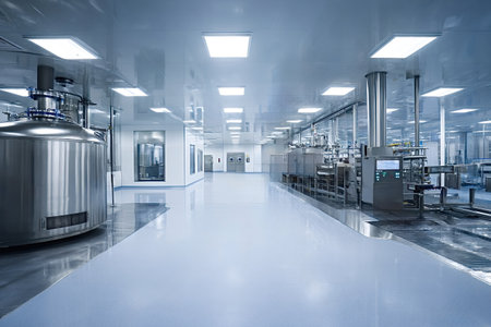 Modern pharmaceutical clean room interior with stainless steel tanks, automated processing equipment and sterile, brightly lit environment for gmp production and quality controlled manufacturingの写真素材