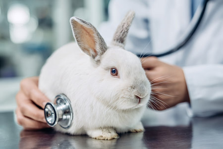Veterinarian in a white coat performing a routine health examination on a domestic rabbit using a stethoscope, checking the animal's heart and lungs for well being at a veterinary clinicの写真素材