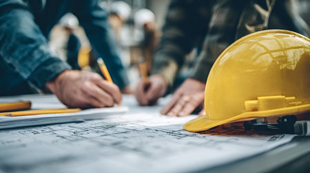 Construction workers review building blueprints on a table, discussing plans, making notes with...