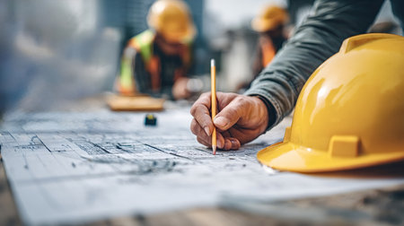 Construction professional's hand marking an architectural blueprint on a jobsite table, with hard hats and team members blurred in the background symbolizing collaborative planningの写真素材