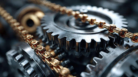 Golden chain connecting several metal gears, forming a precise, intricate, and powerful mechanical system representing cooperation and industrial designの写真素材