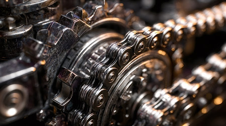 Metal gears and a roller chain are intermeshing, forming part of a complex mechanical system,...