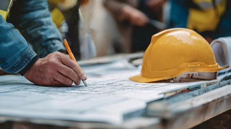 Construction worker's hand marking architectural blueprints on a wooden table beside a yellow hard hat, illustrating engineering, design and project planning in progressの写真素材