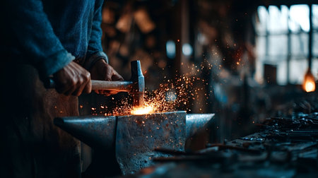 Skilled blacksmith working hot metal with a hammer on an anvil, creating a shower of fiery sparks in a traditional workshop, symbolizing handicraft, craftsmanship, hard work, and metalworkingの写真素材
