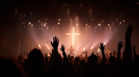 Christian congregation raising hands in prayer and praise during a worship service or concert inside...