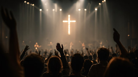 People are raising hands in worship during a spiritual concert, focusing on a glowing cross symbol...