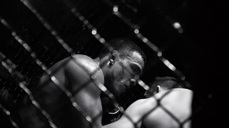 Two mma fighters are competing intensely in a cage fight, showing and determination in the mixed martial arts sport in a dramatic black and white imageの写真素材