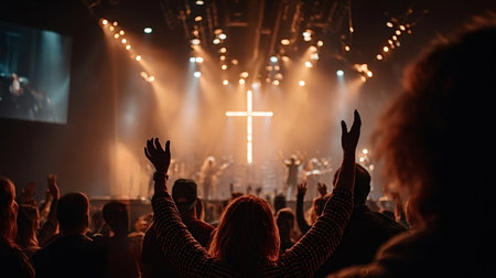 Crowd of people raising their hands in praise during a Christian worship event, with a glowing cross...