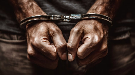 Mans hands locked in metal handcuffs, knuckles clenched, dramatic closeup symbolizing arrest, detention, loss of freedom, legal punishment and criminal justice systemの写真素材