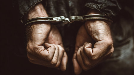 Mans hands clenched in metal handcuffs against a dark background, conveying arrest, detention, criminal justice, loss of freedom, struggle, authority and punishmentの写真素材