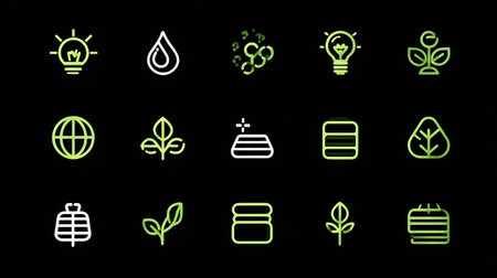 Ecology and green energy providing icons on a black background displaying themes of nature, renewable resources, environmental protection, health, and a sustainable futureの写真素材