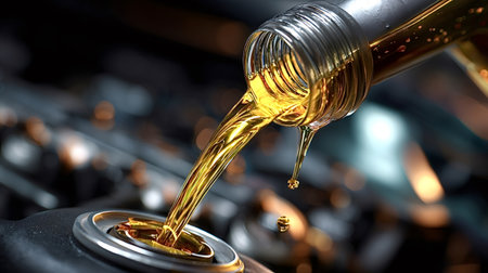 Golden motor oil flows from a bottle into a car engine, lubricating components and ensuring proper automotive maintenance for optimal vehicle performanceの写真素材
