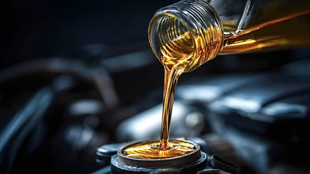 Engine maintenance with fresh golden motor oil pouring from a bottle into a car's engine oil cap, illustrating automotive fluid change and lubrication serviceの写真素材