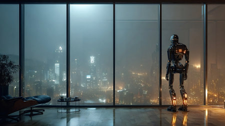 Humanoid robot standing by a large window overlooking a vast, glaming futuristic cityscape at night, with illuminated buildings stretching into the distance and a moody atmosphereの写真素材