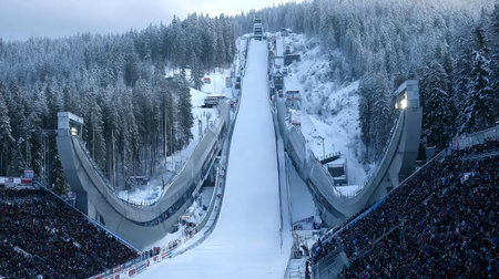 Planica nordic center ski jump stadium with packed stands and snow covered pine forest, dramatic alpine landscape and modern ramp under clear winter sky during competitionの写真素材