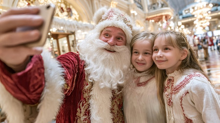 Santa Claus smiling heartily and two happy young girls posing together, capturing a festive holiday selfie on a smartphone in a brightly lit shopping mall, celebrating Christmas and winter traditionsの写真素材