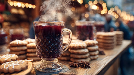 Steaming mulled wine served in a textured glass mug sits on a rustic wooden stall next to festive gingerbread cookies and star anise, capturing the warm atmosphere of a Christmas marketの写真素材