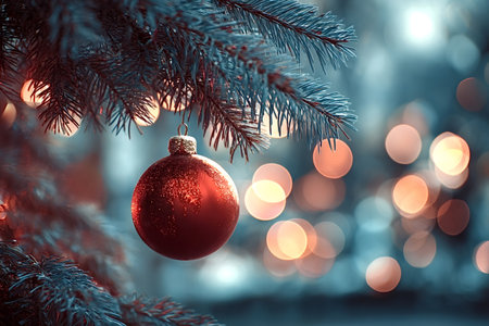 Christmas tree branch holding a sparkling red ornament, creating a festive winter holiday atmosphere with warm bokeh lights blurring in the backgroundの写真素材