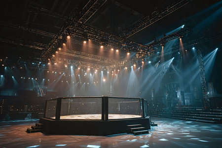 Empty mma octagon cage bathed in dramatic spotlights inside a dark arena, awaiting fighters for a high stakes combat event powerful, professional, ready for actionの写真素材