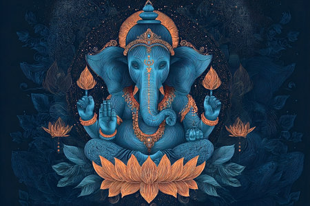 Ganesha, the revered elephant headed hindu god, meditating peacefully on a lotus flower, symbolizing...