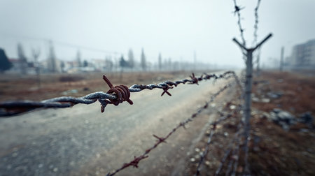 Rusty barbed wire fence stretches into foggy winter landscape, forming a bleak boundary that evokes...