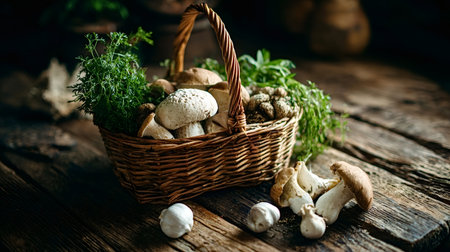 Rustic still life of wicker basket brimming with freshly foraged porcini mushrooms, fragrant herbs and garlic on an aged wooden table, evoking autumn harvest and cookingの写真素材