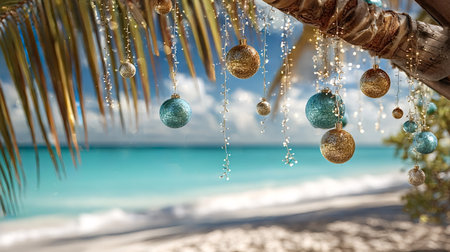 Palm tree fronds and trunk decorated with teal and gold ornaments and sparkling string lights, creating a festive, sunlit tropical beach scene with turquoise ocean viewsの写真素材