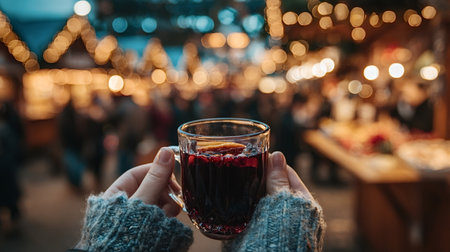 Female hands holding a glass of warm mulled wine with cranberries and orange, enjoying the festive...