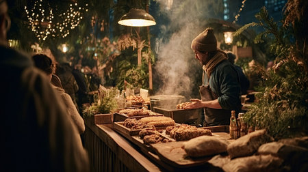 Street food vendor preparing warm food at a festive Christmas market stall illuminated by string lights, with steam rising from cooking pots creating a unique cozy atmosphere on a winter nightの写真素材